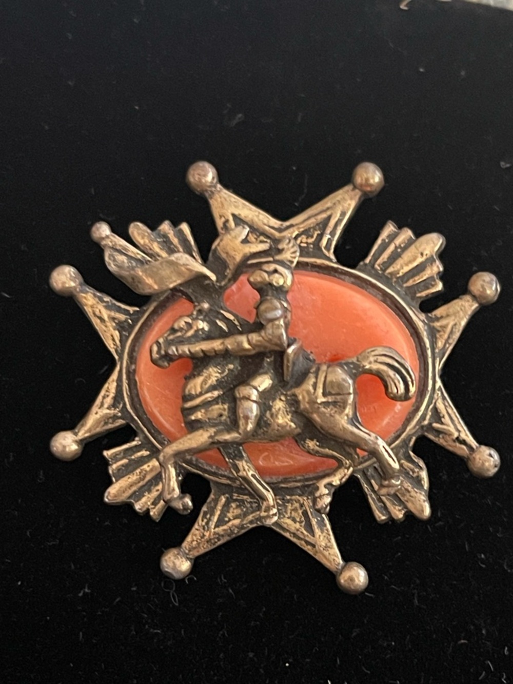 Vintage Equestrian Starburst Brooch in Orange and Gold